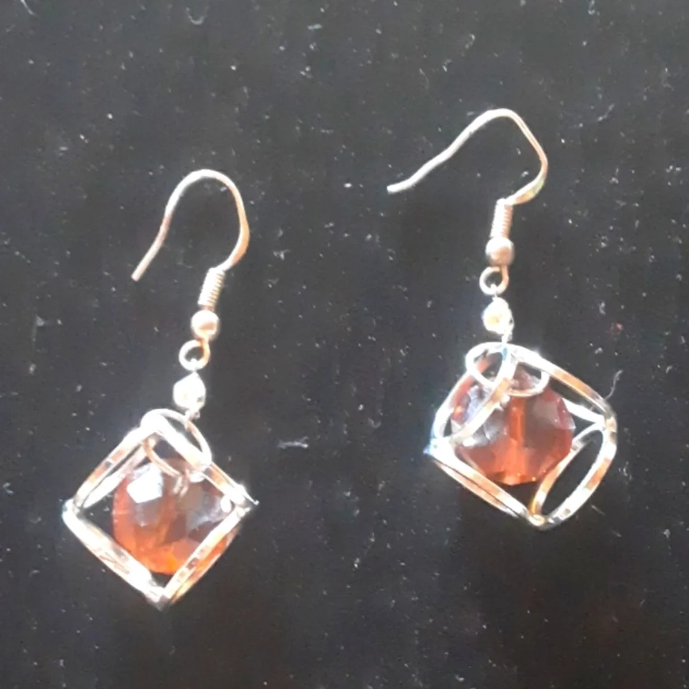 Elegant Silver Tone and Amber Colored Bead Earrings